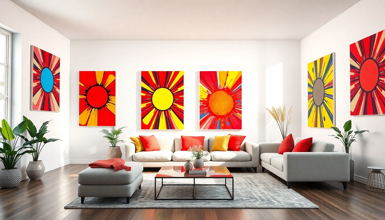 Atemberaubende Pop-Art-Leinwandkunst in einem modernen Wohnzimmer.