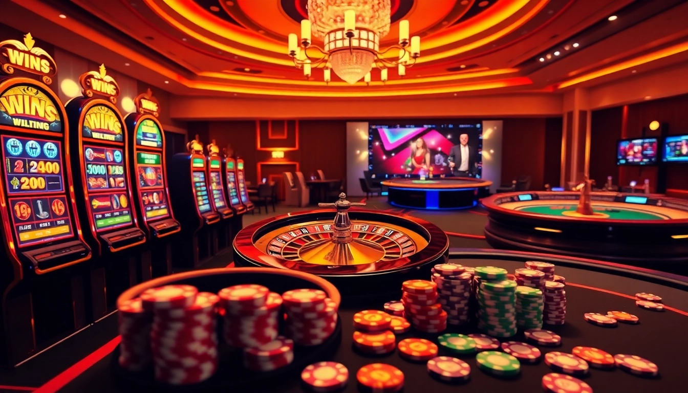 Illustration of an engaging online casino platform illustrating ทางเข้า soibet ล่าสุด with vibrant slot machines and poker action.