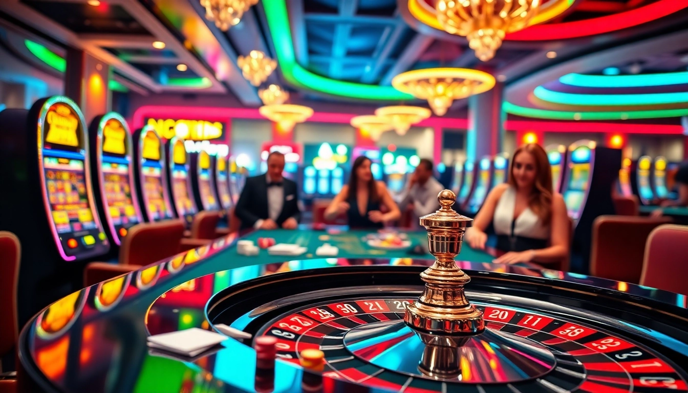 Experience the thrill of winning with Link vào kuwin at the vibrant casino scene featuring roulette and slot machines.