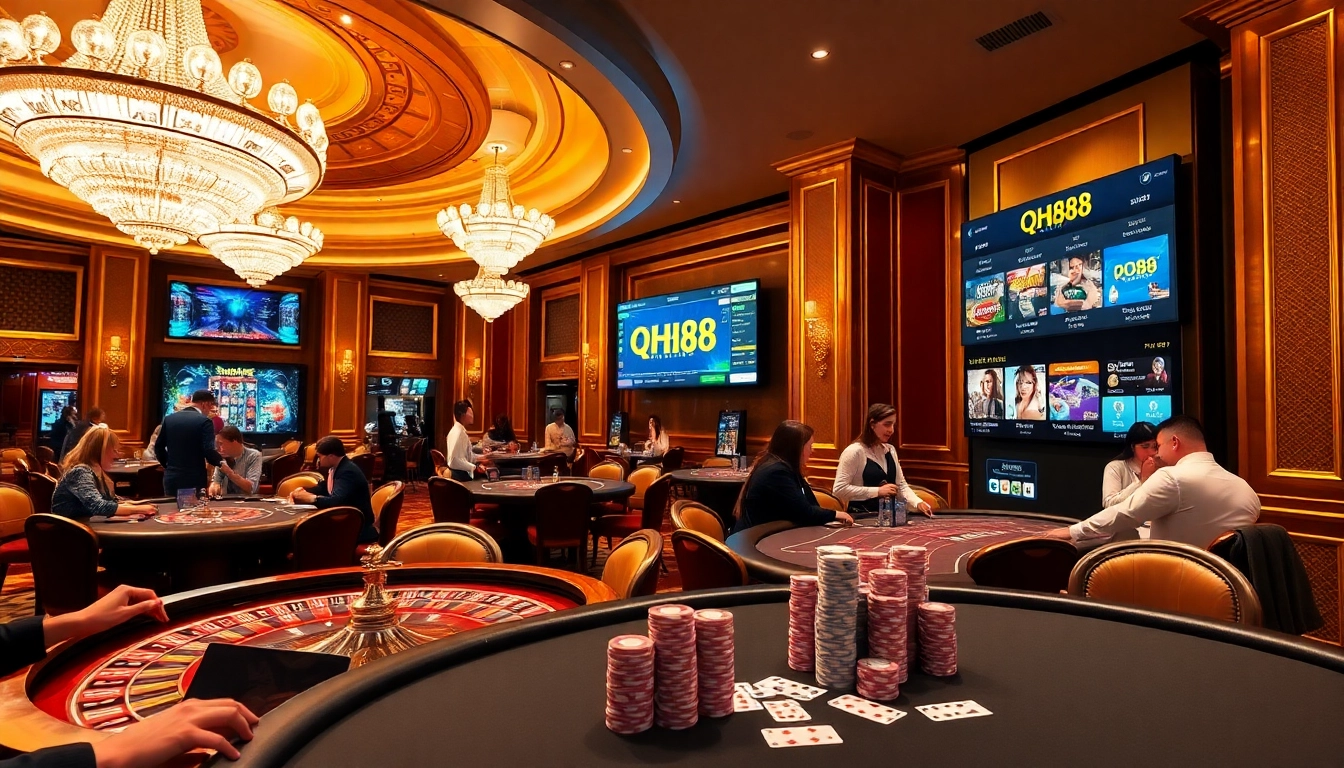 Engage with qh88’s exciting casino atmosphere featuring vibrant gaming tables and players betting