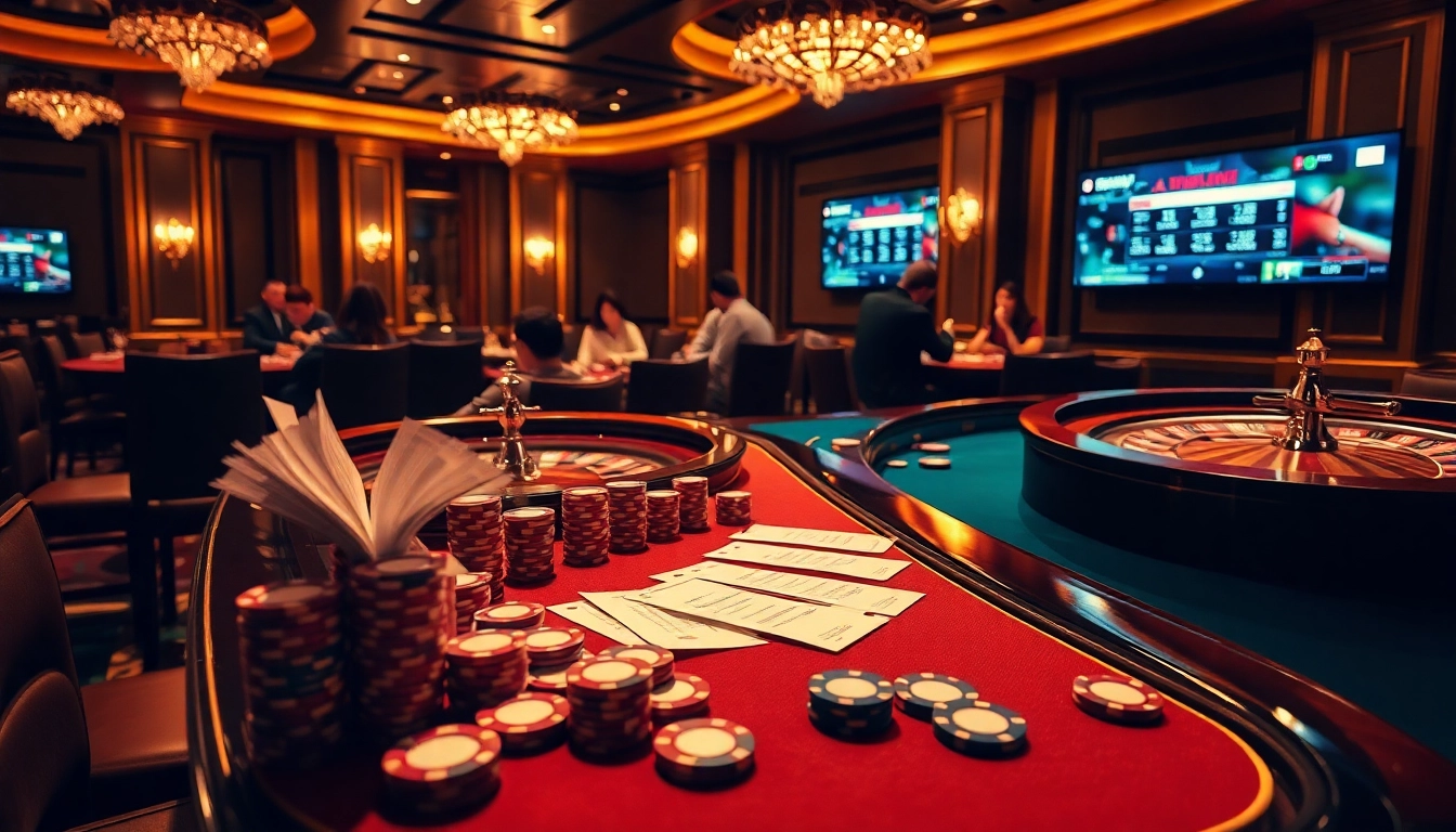 Tỷ lệ kèo nhà cái hôm nay showcased in a luxurious casino scene with poker and roulette highlights.