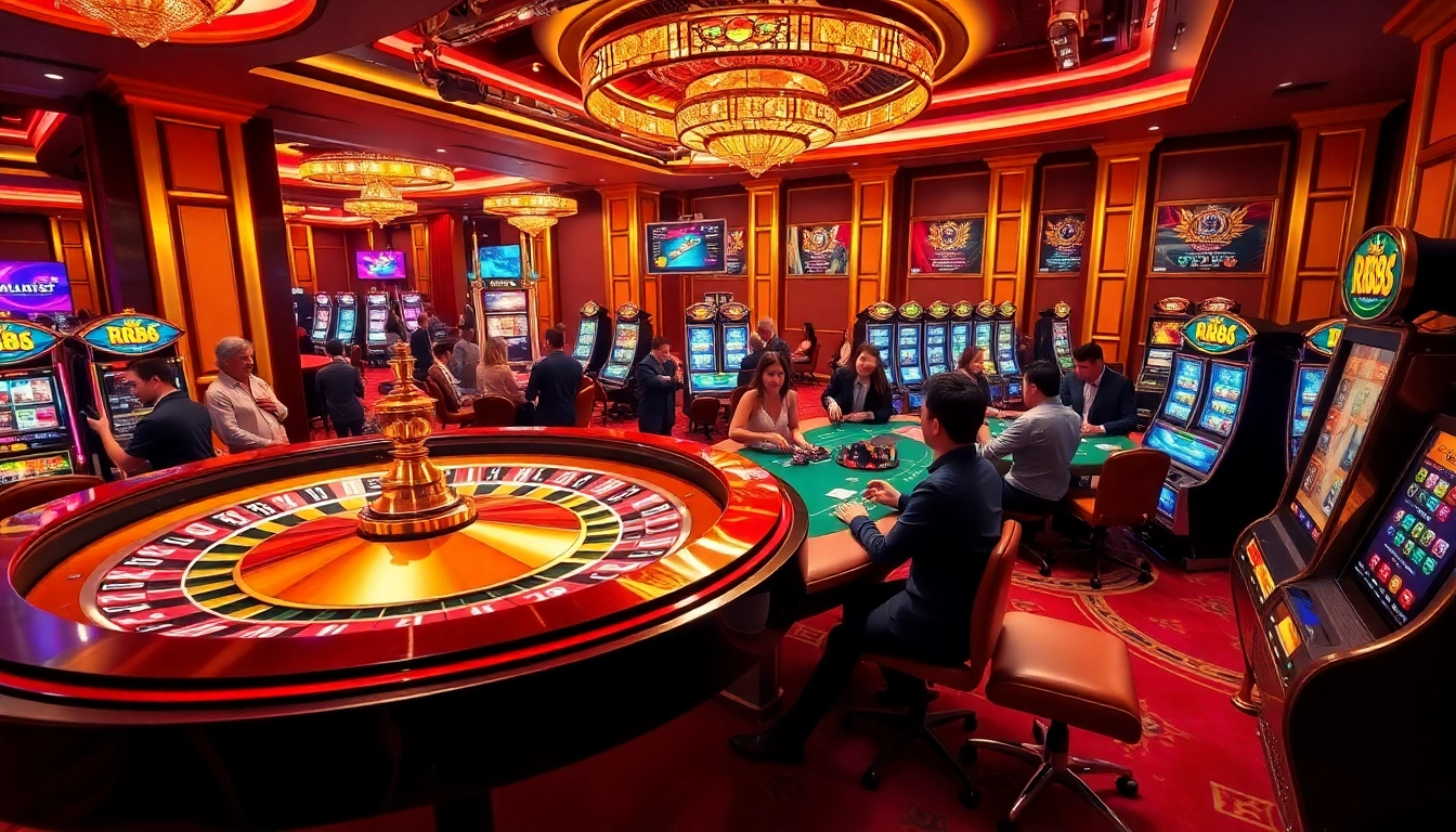 Experience RR88's vibrant casino atmosphere with thrilling games and colorful lights.