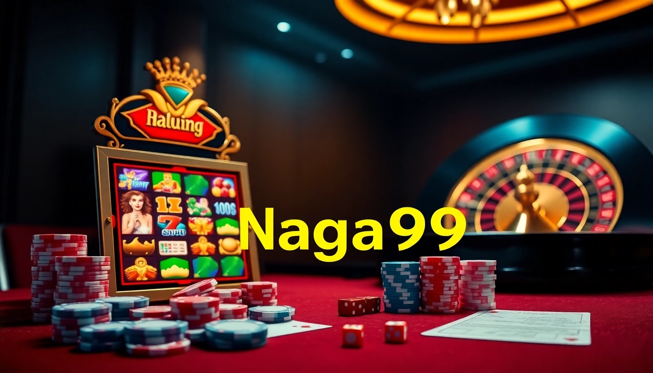 Naga99 features an exciting online gambling scene with colorful slots, poker chips, and roulette.