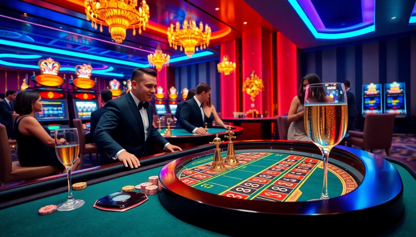 IWIN68 players enjoying an exciting game at a luxurious casino table with roulette and poker elements.