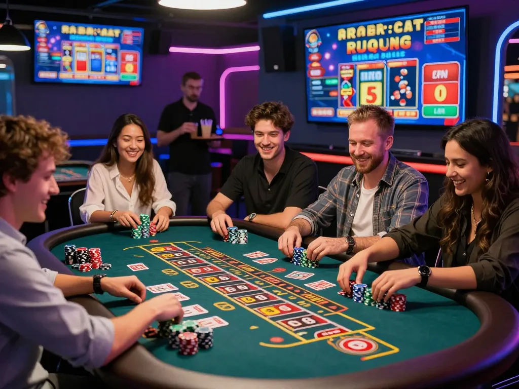 Exciting casino scene with players enjoying free spins Australia at a vibrant roulette table.