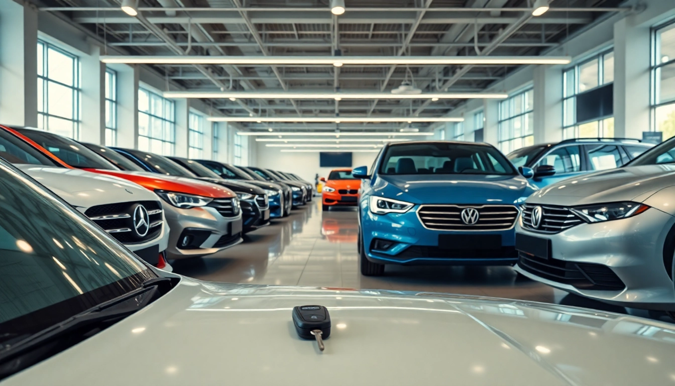 Auto kaufen - Ein attraktives Autohaus mit einer Vielzahl von Autos im Vordergrund.