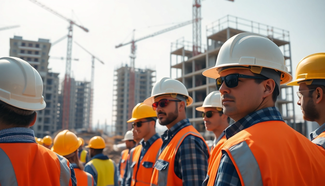 Workers engaging in construction activities at a vibrant site, showcasing teamwork and progress.
