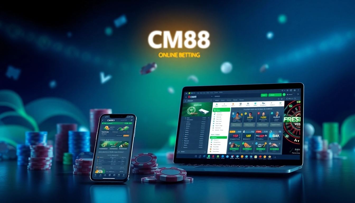 Experience the exciting online betting world with CM88, featuring modern devices and vibrant gambling elements.