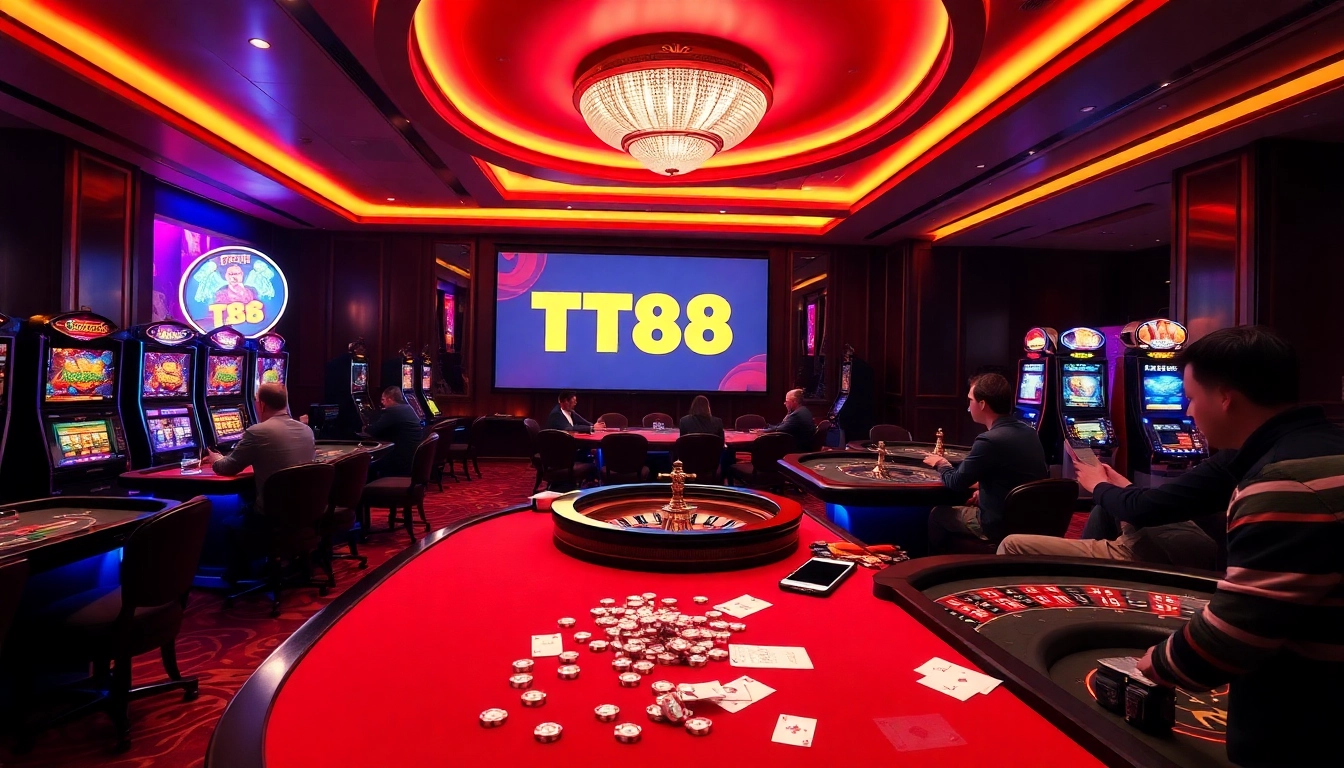 TT88 casino slot players immersed in gaming, showcasing excitement and glamour.