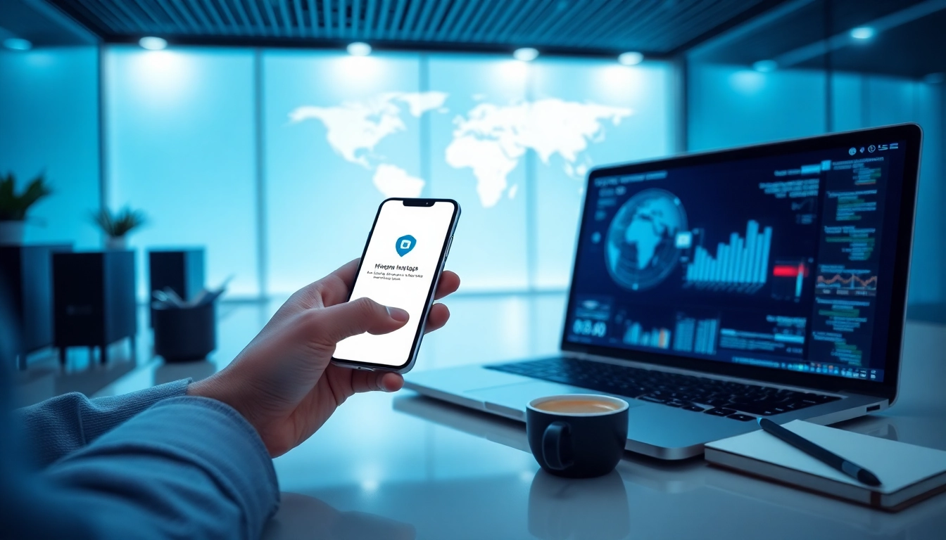 现代工作区中，快连官网应用在智能手机和笔记本电脑上，展示安全的网络连接。