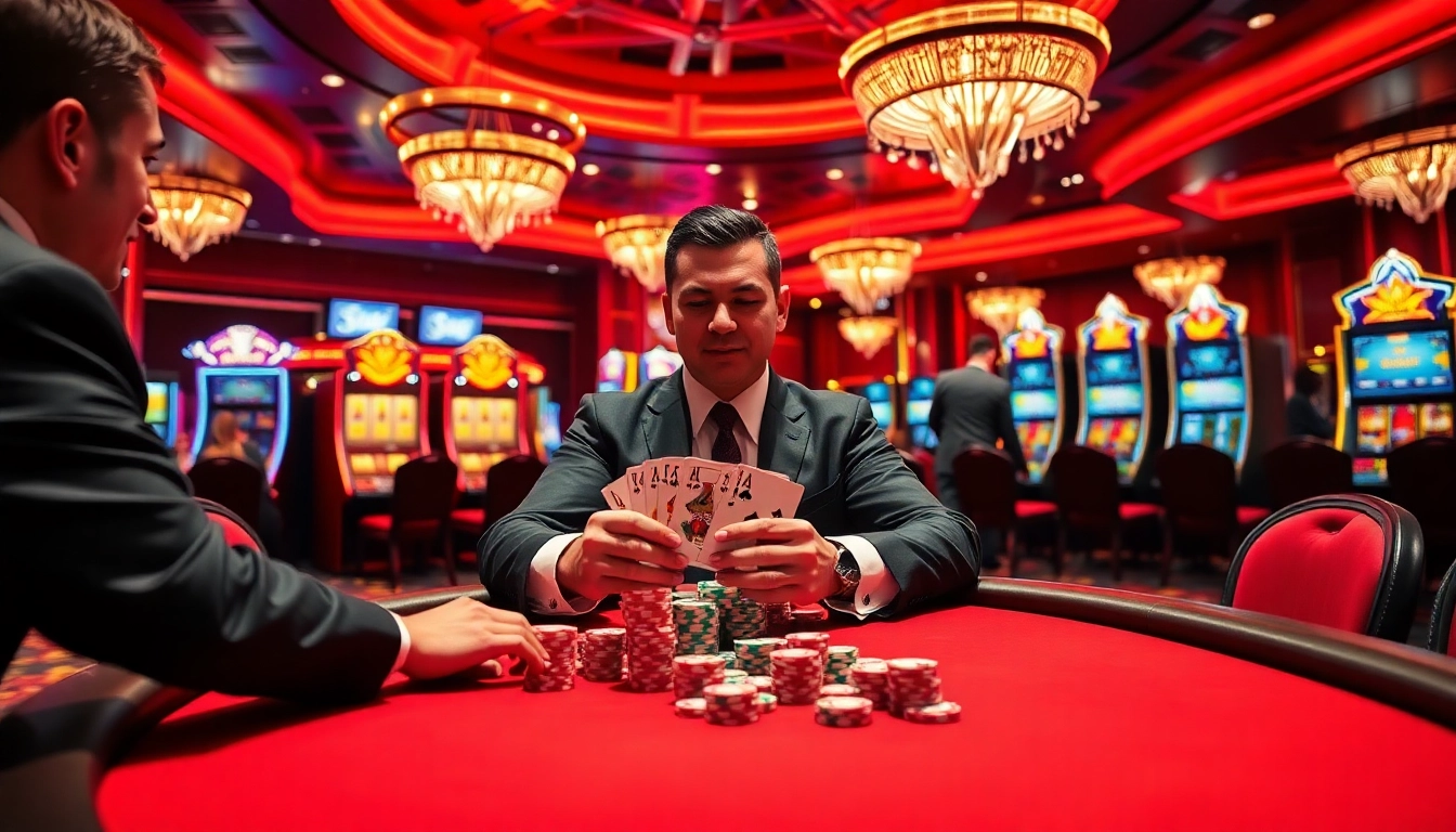 Players strategize at the C168 poker table in a glamorous casino setting.