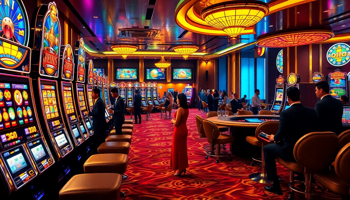 Nổ Hũ Uy Tín players winning at luxurious slot machines in an exciting casino scene.