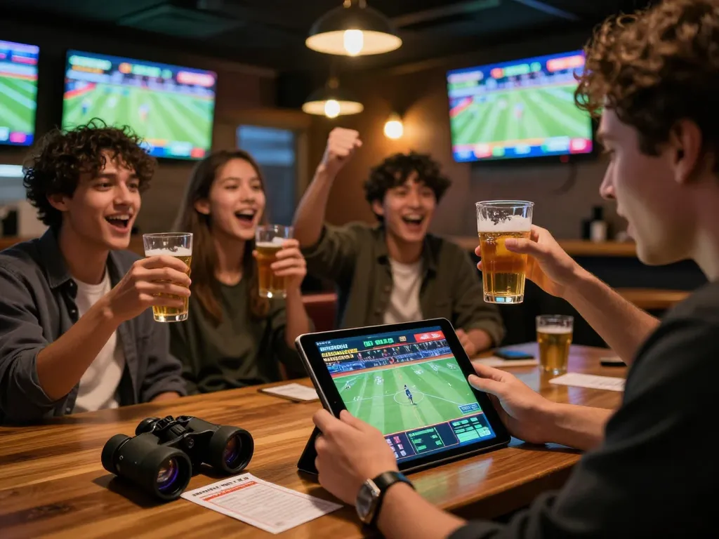 Person strategizing bets at a busy sports bar using https://mm88.it.com/ for live betting on various games.