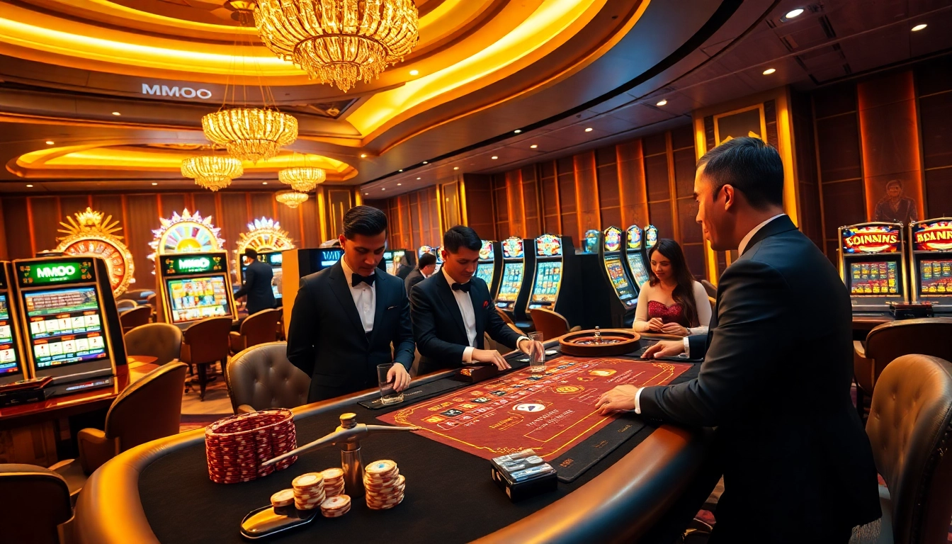 Excited players winning big at MMOO casino with vibrant gaming tables and slot machines.