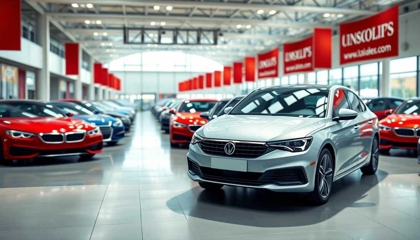 Auto kaufen - Sleek modern car in a vibrant dealership with many options.