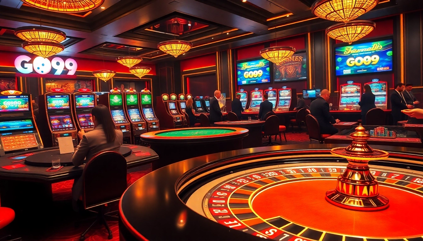 Players enjoy high-stakes games at Go99's luxurious casino tables, experiencing exciting moments.