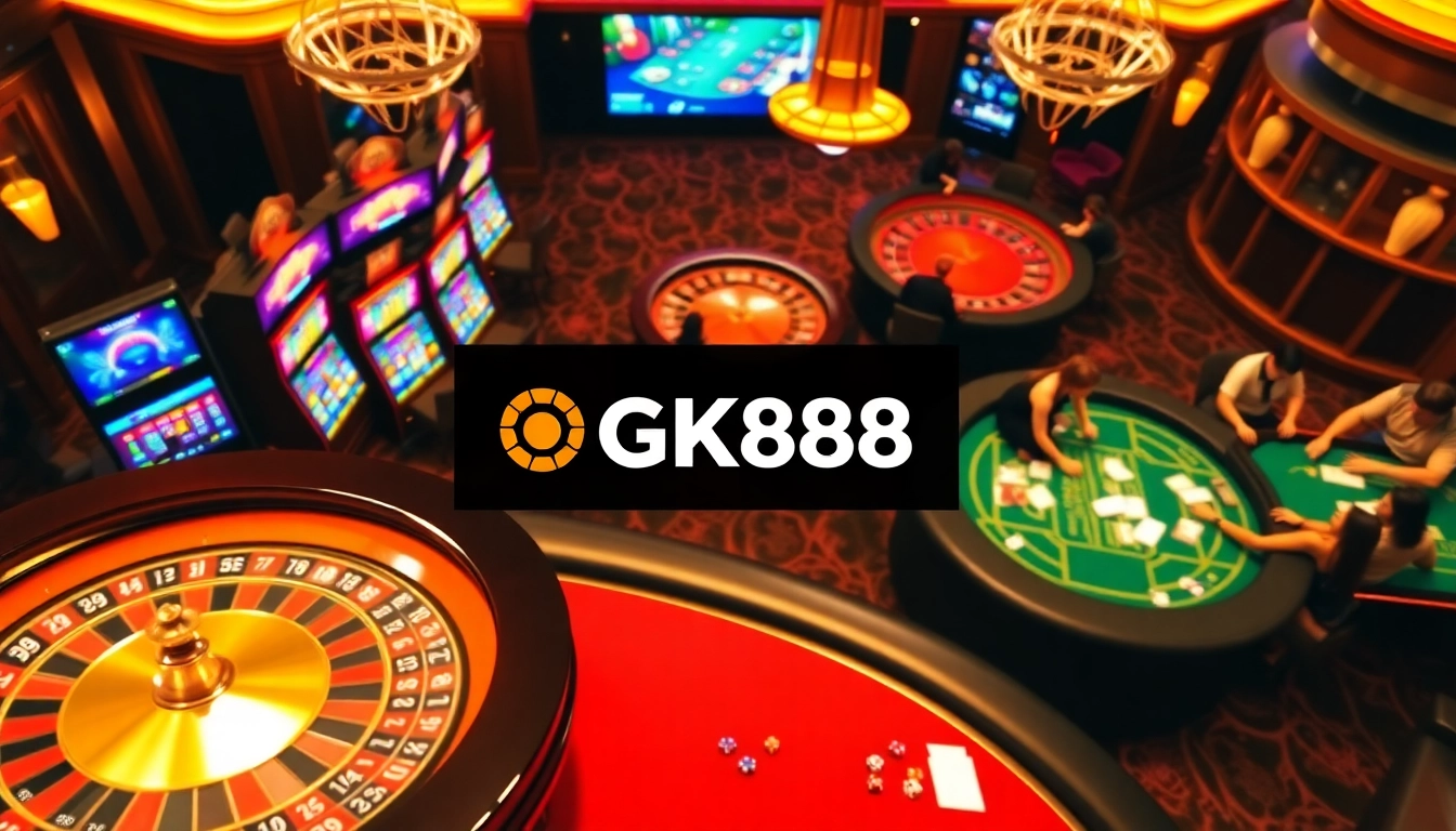 Experience the excitement of GK88 with colorful slot machines and engaging poker tables in a luxurious casino setting.