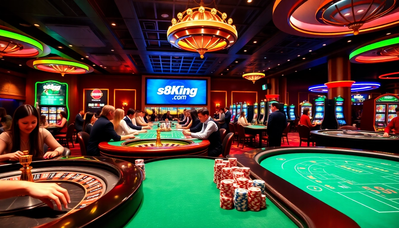 Casino players enjoying games at s8king.com, surrounded by vibrant colors and excitement.
