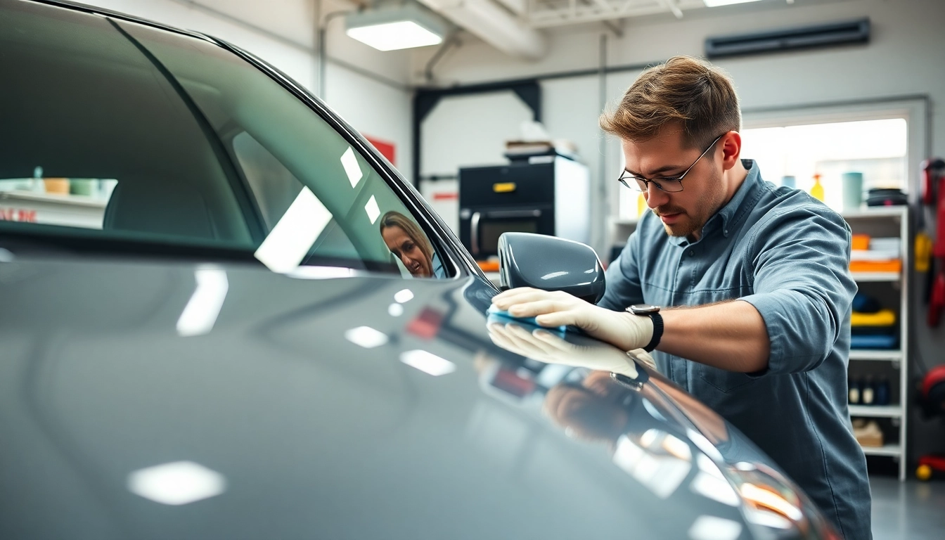 Fahrzeugaufbereitung in action mit einem Autotechniker, der ein Auto professionell poliert.
