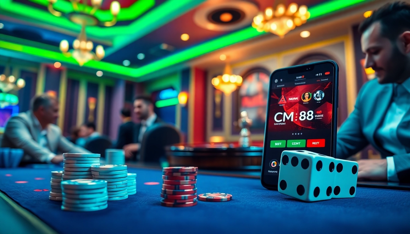 High-stakes poker players engage at CM88 casino table amidst vibrant decor.