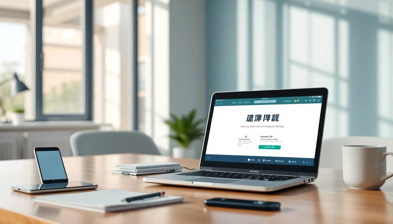 在现代笔记本电脑上展示的快连官网界面，显示VPN功能与多设备支持。