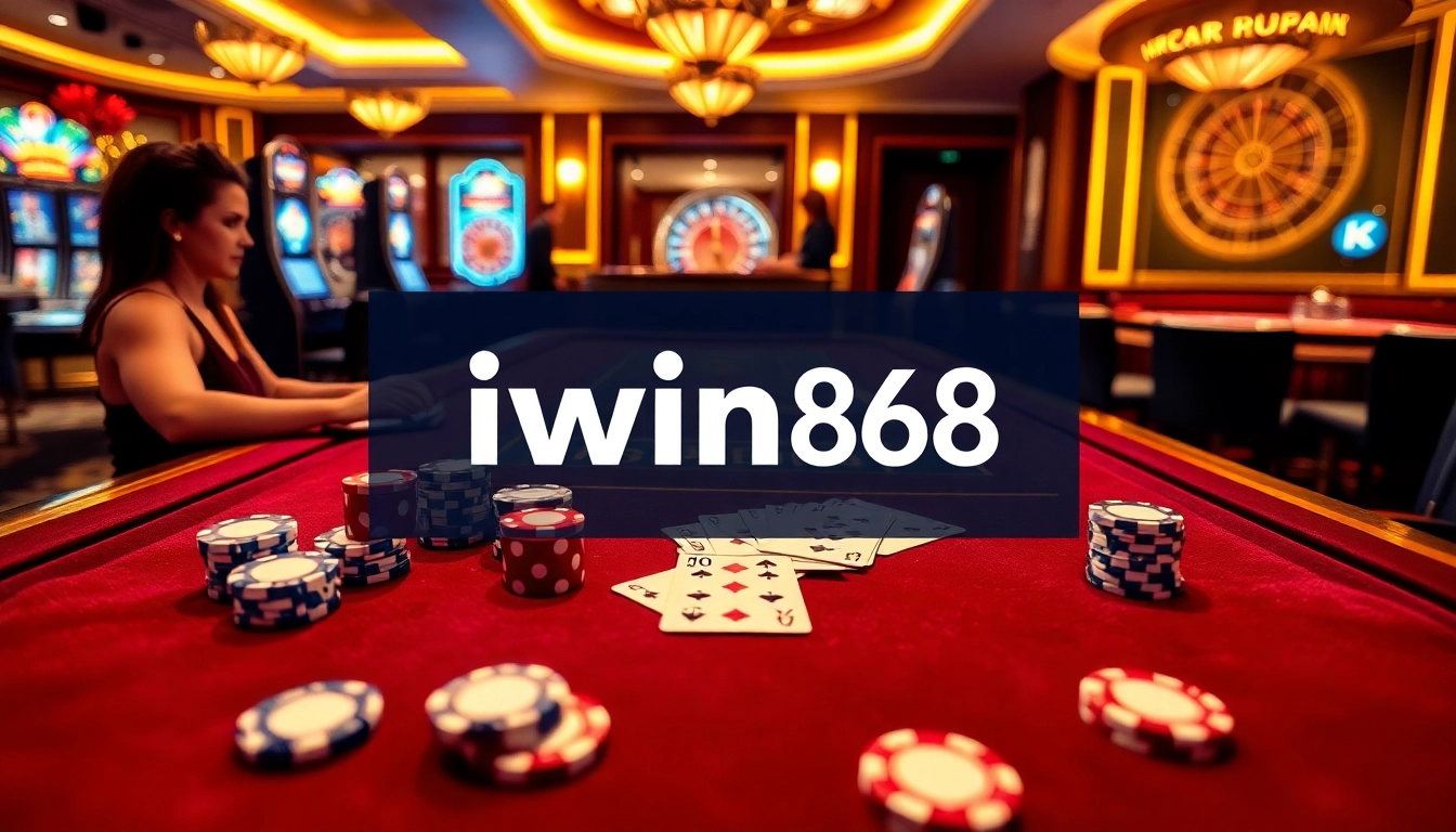 Iwin68's exciting casino experience with players at a vibrant gambling table showcasing poker chips and cards.