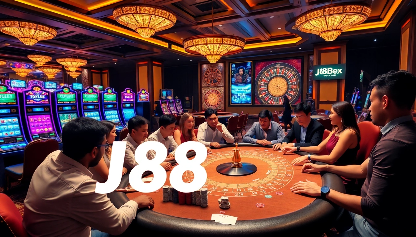 Experience the excitement of J88 with thrilling casino gaming tables and vibrant slot machines.