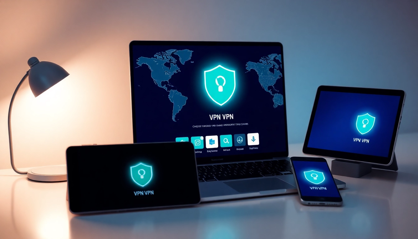 快连官网 展示了一个现代化工作空间，设备上显示 VPN 应用，强调速度与安全性。