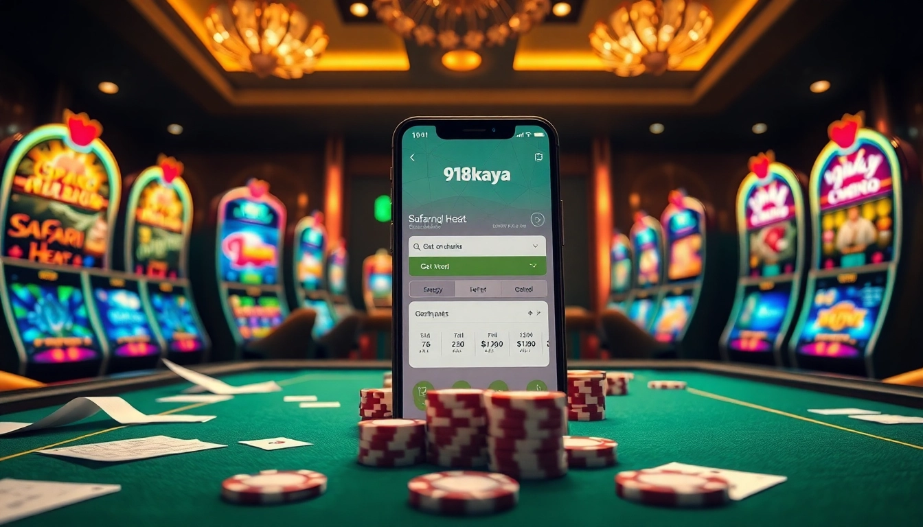 918kaya Download on a smartphone amidst casino chips and slot machines creating an engaging atmosphere.
