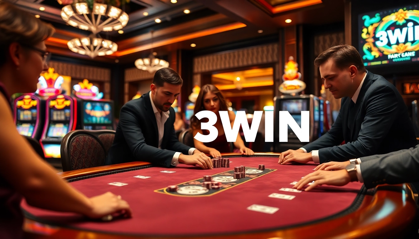 Engaged gamblers at a professional poker table in a luxurious casino, featuring 3WIN digital displays.