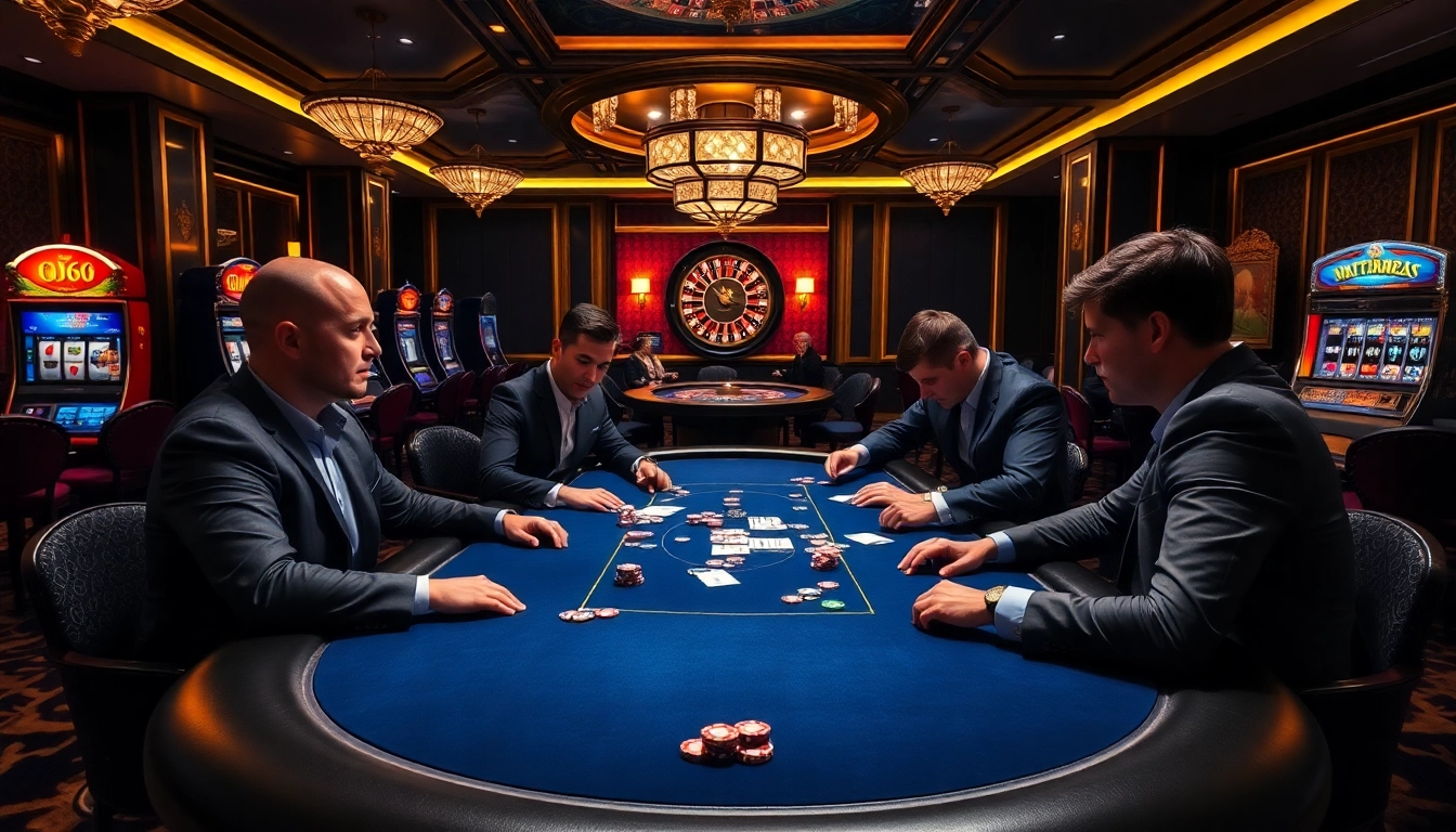 C168 poker players engage in a thrilling game at a luxurious casino table, set in a vibrant atmosphere.