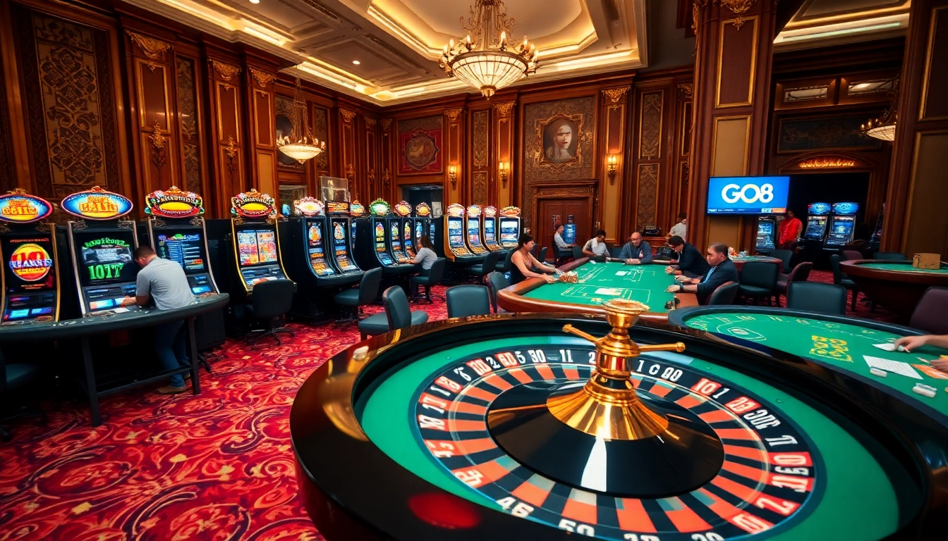 Experience thrilling gameplay at Go8, featuring luxurious casino tables and vibrant slot machines.