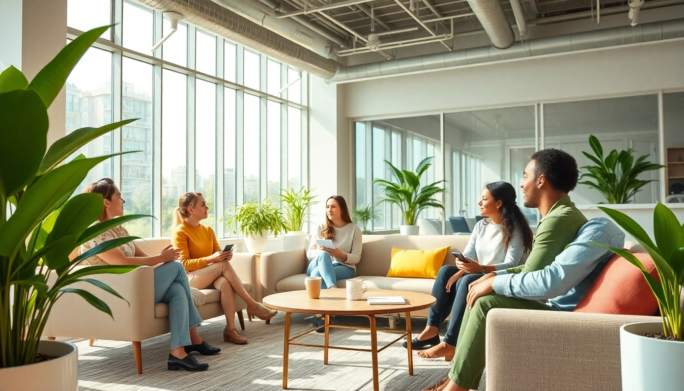 Emotional wellbeing illustrated by diverse individuals in a bright, collaborative office environment.