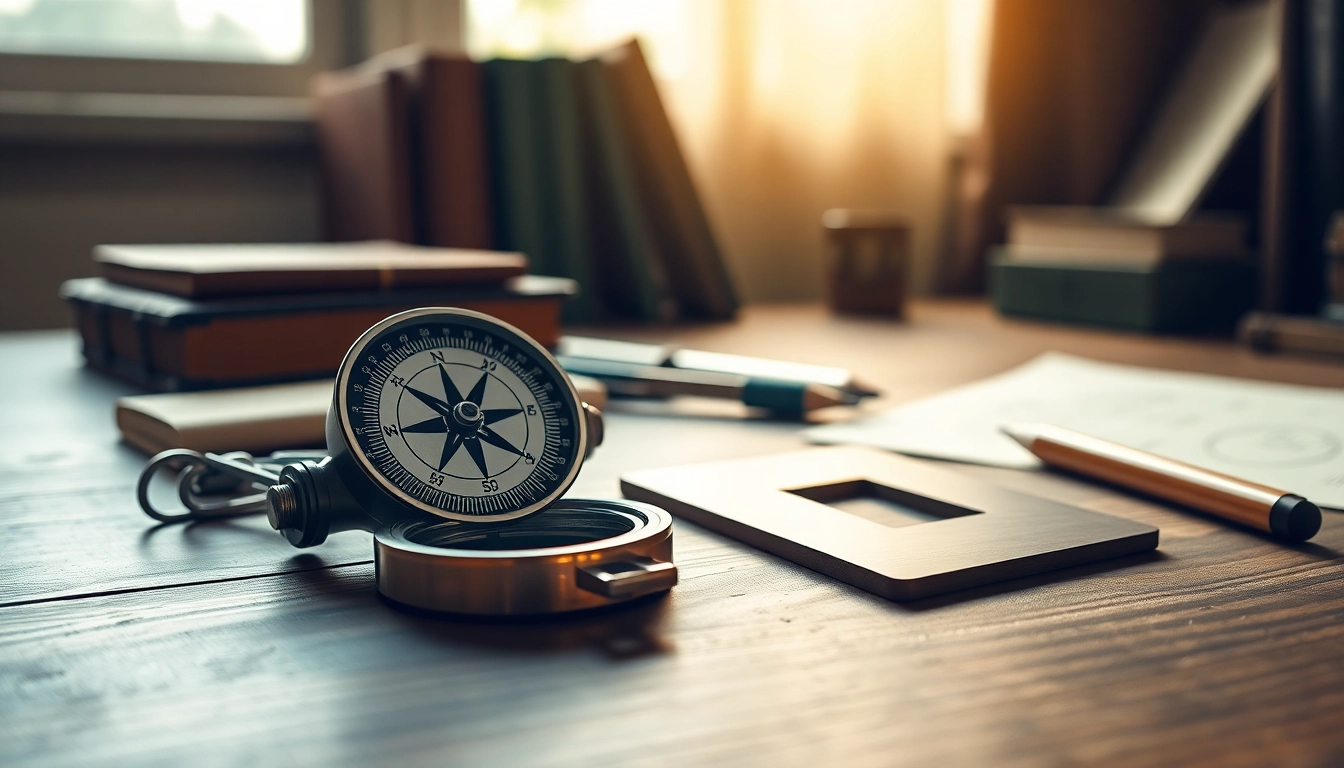 Erforschen Sie die Symbole von Winkel und Zirkel mit einem Zirkel und einem Quadrat auf einem Holztisch.