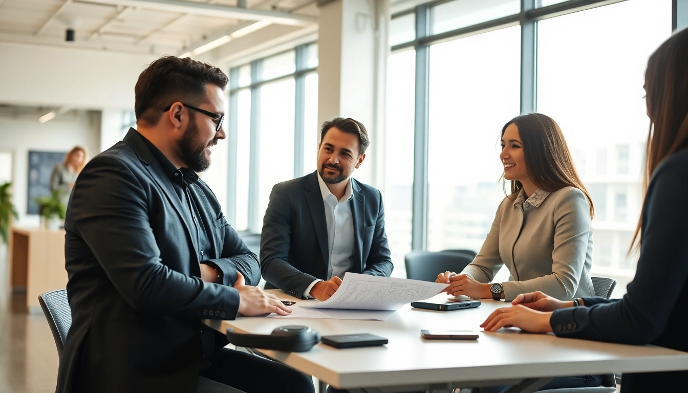 Headhunter Ingenieure im Austausch mit Ingenieuren in einem modernen Büroamt.