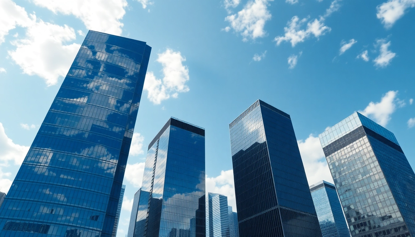 Architekturvisualisierung eines modernen urbanen Landschafts mit eleganten Wolkenkratzern und klarem Himmel.