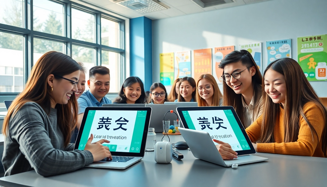 Students using 有道 translation app in a modern digital classroom