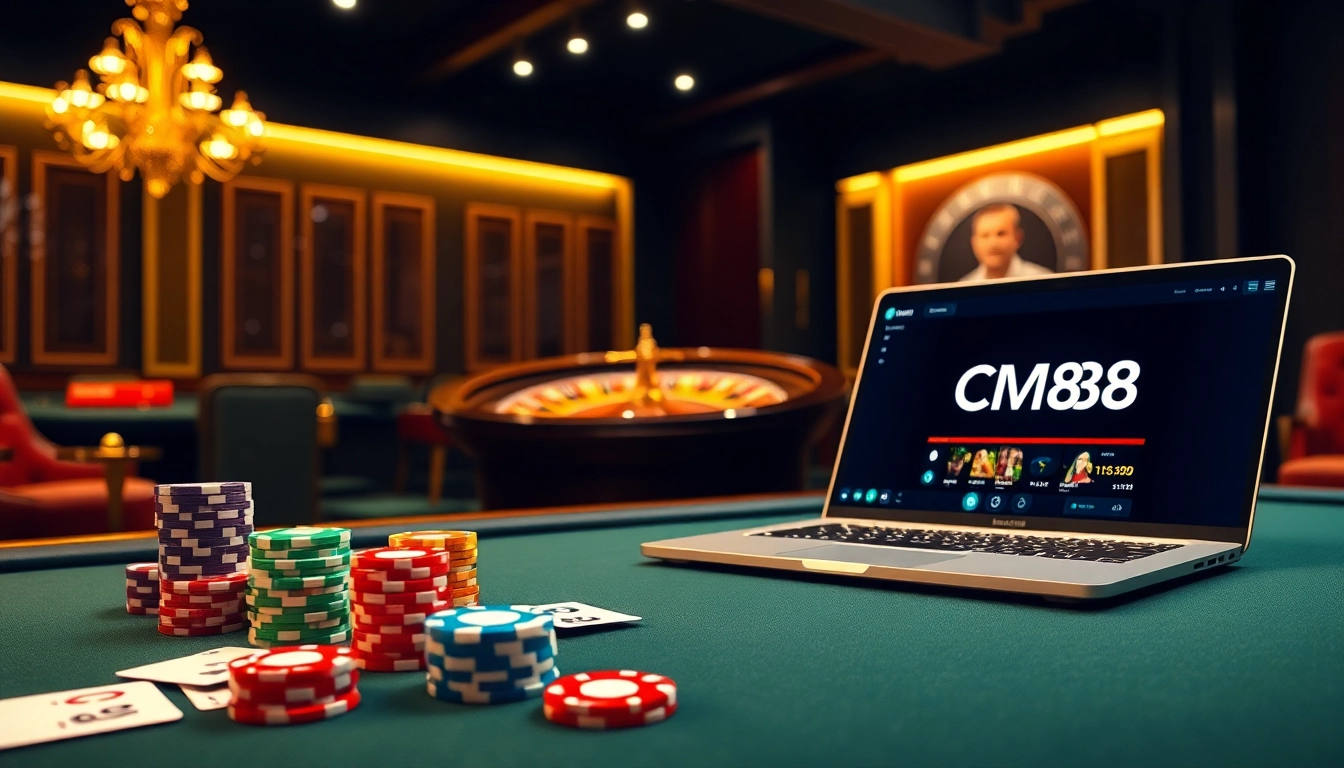 Engage in thrilling gameplay at CM88 with vibrant poker chips and a roulette wheel in a luxurious setting.