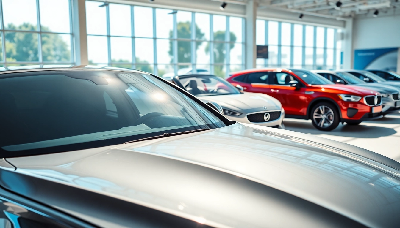Auto kaufen: Glänzender neuer Sedan im Vordergrund eines modernen Autohauses.