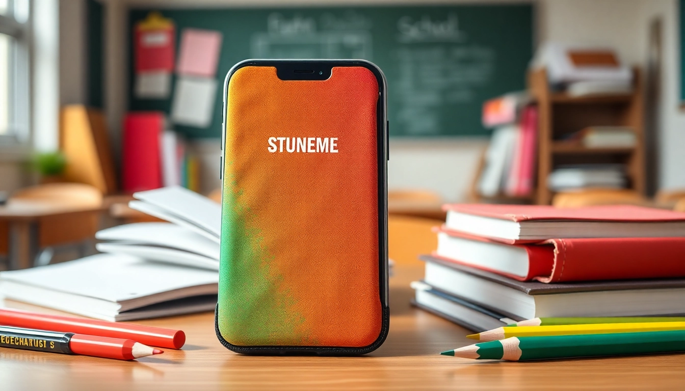 Handytasche Schule auf einem Schreibtisch mit Schulmaterialien, ideal für Schüler.