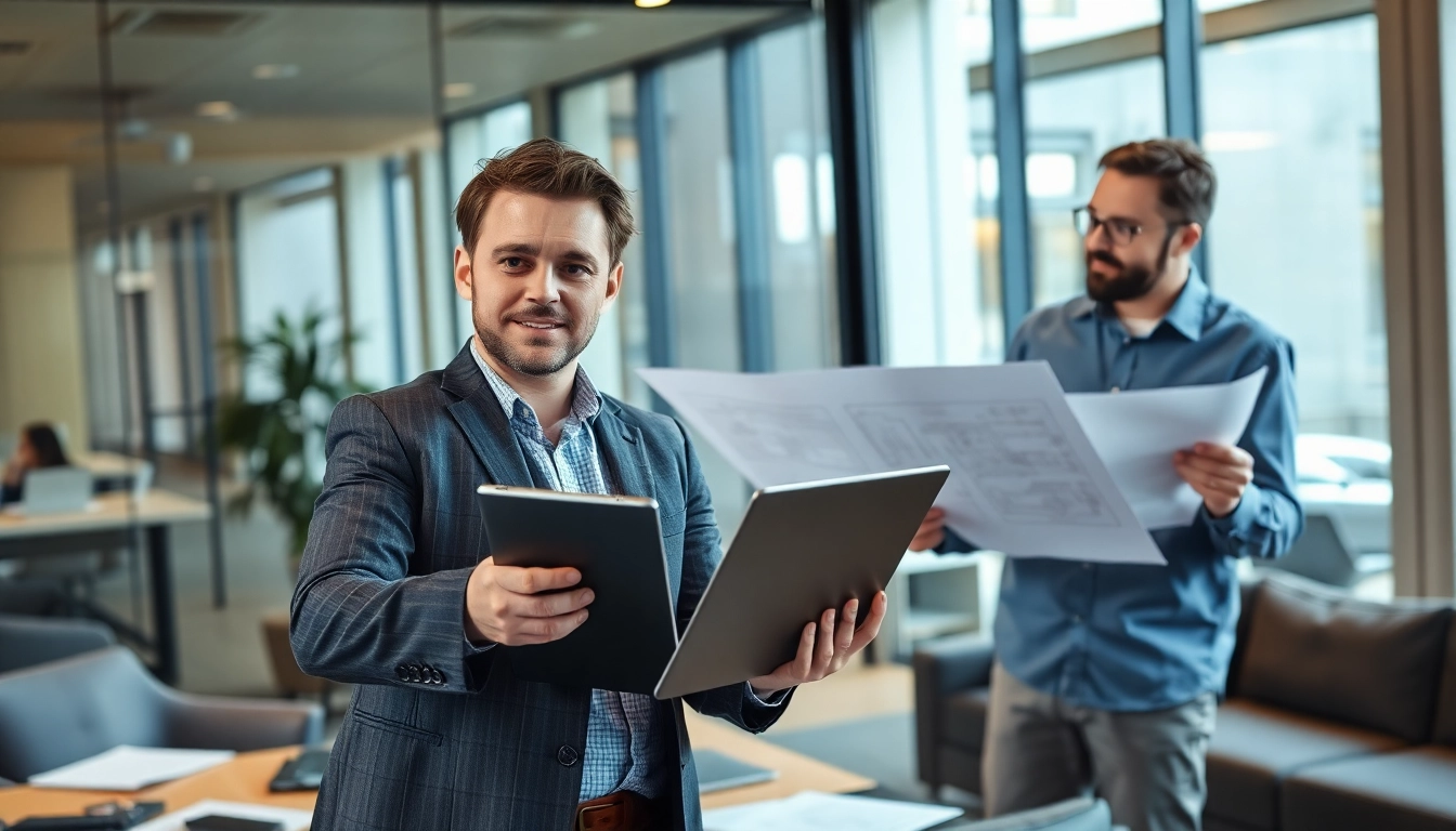 Headhunter Ingenieure im Gespräch mit einem Ingenieur in einem modernen Büro.