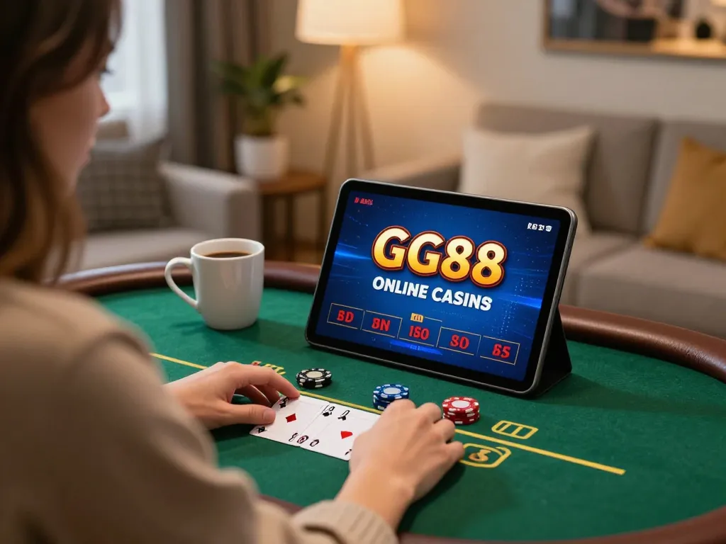 GG88 player enjoying live blackjack on a tablet in a cozy environment