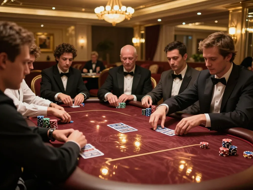 Intense poker gameplay at a luxurious casino table featuring multiple players focused on their cards, showcasing the excitement of lv 88.