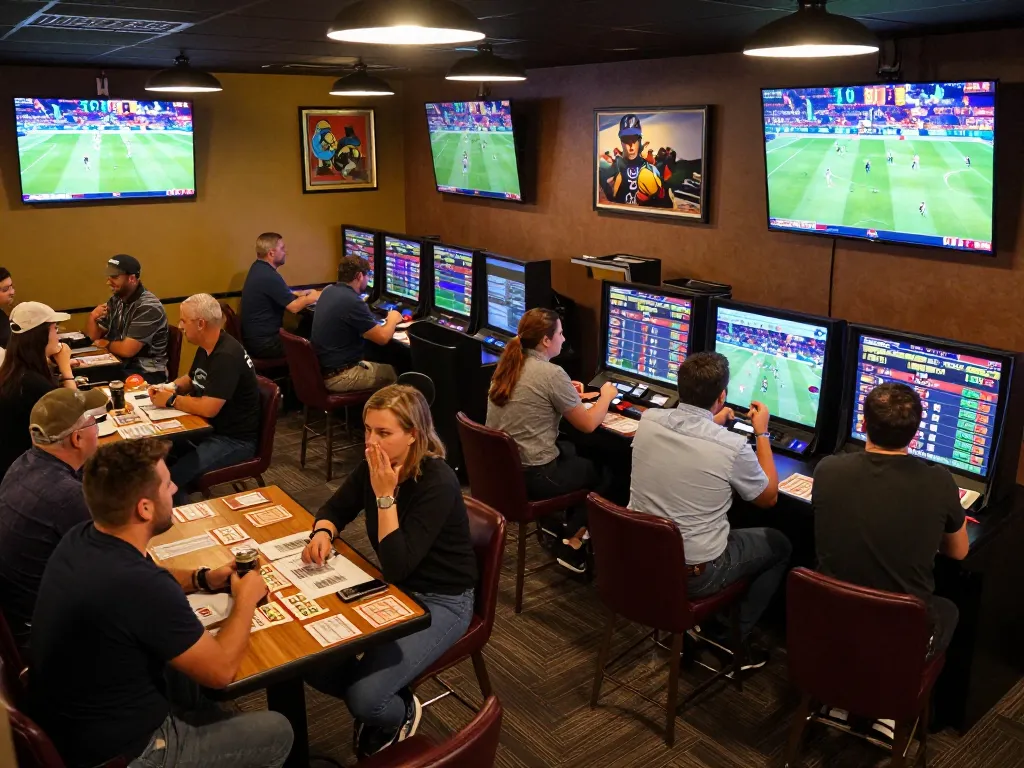 Tỷ lệ kèo nhà cái hôm nay displayed on large screens in a lively sports betting lounge.