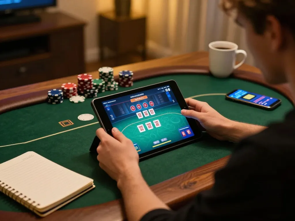 FLY88 player engaged in online poker game with strategy notes at home