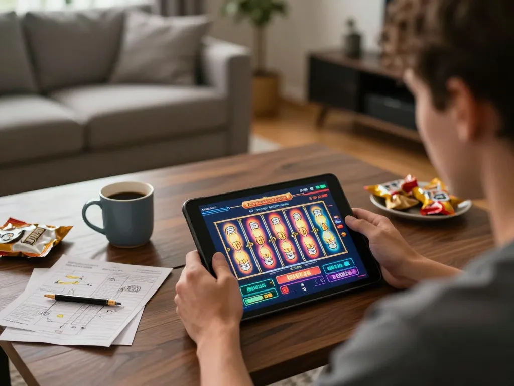 Engaging player immersed in online casino gameplay with 13 WIN on screen while enjoying a cozy home setup