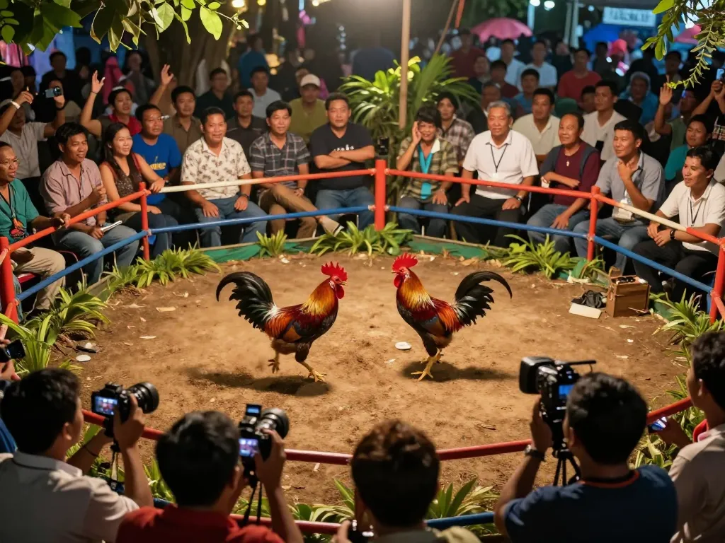 Engaging in đá gà trực tiếp live stream action featuring two combat roosters in an energetic battle.
