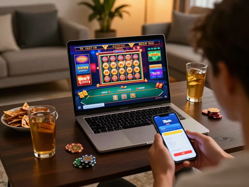 Player enjoying online gaming experience on 78win with laptop and smartphone in cozy home setting