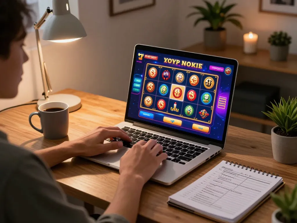 Person engaging with 99win online gaming on laptop while tracking betting strategies.