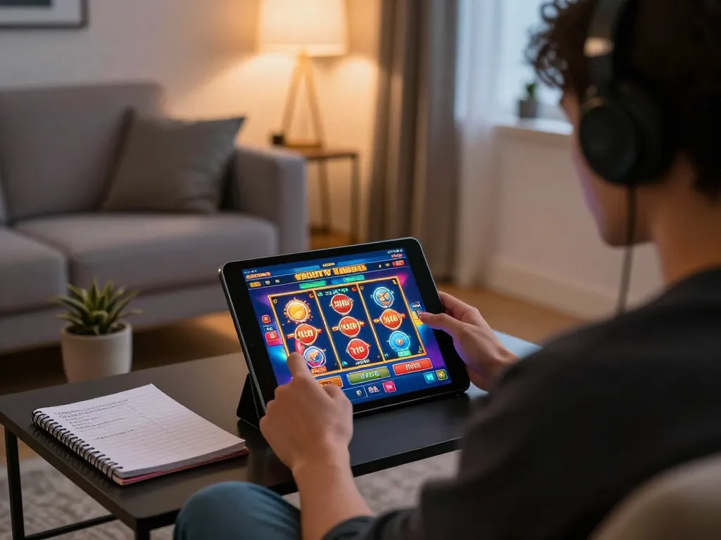 Engaging in online slot depo 10k gaming from home with strategy notes and tablet interface.